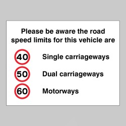 Please be Aware the Road Speed Limits for this Vehicle Are 40 - 50 - 60mph