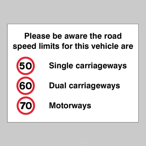 Please be Aware the Road Speed Limits for this Vehicle Are 50 - 60 - 70mph