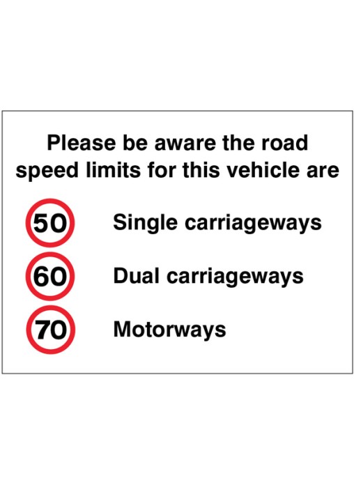 Please be Aware the Road Speed Limits for this Vehicle Are 50 - 60 - 70mph