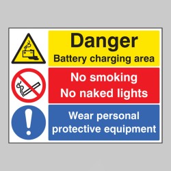 Danger - Battery Charging Area - Wear PPE - No Smoking - No Naked Lights